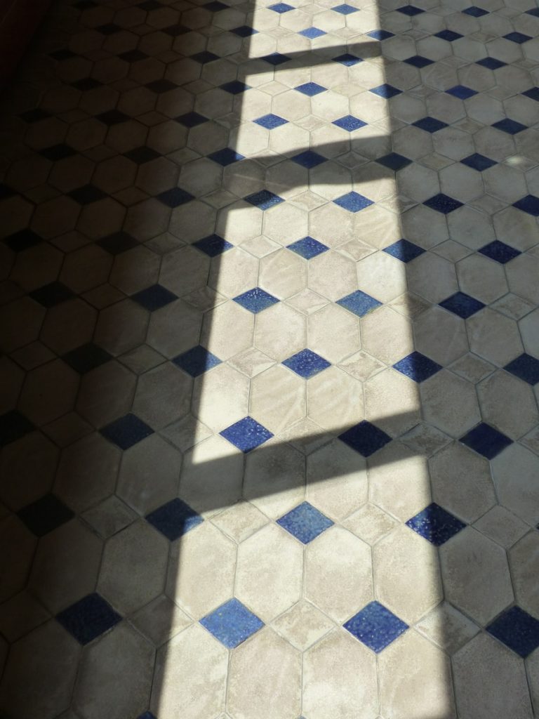 white and blue tiled floor